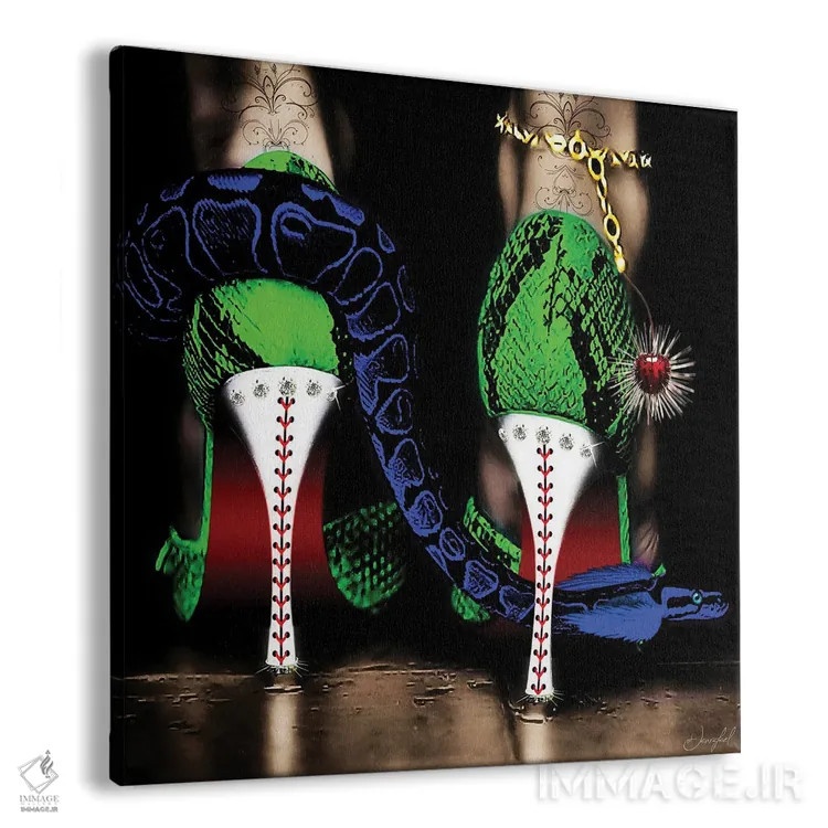 تابلو دکوراتیو کفش پاشنه بلند سبز اثر یان رافائل - نمای پرسپکتیو محصول