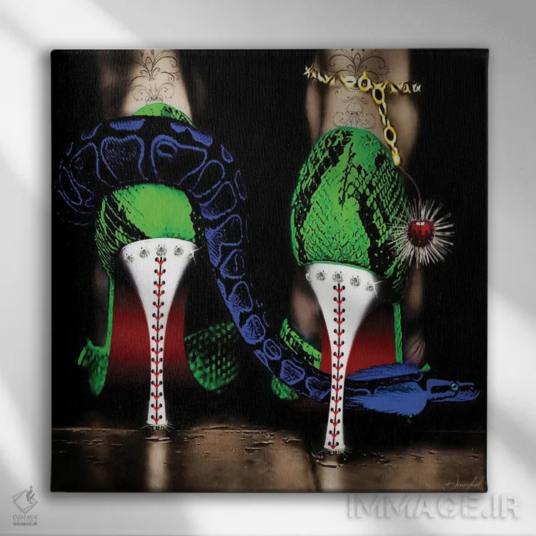 تابلو دکوراتیو کفش پاشنه بلند سبز اثر یان رافائل - نمای روبهرو روی دیوار