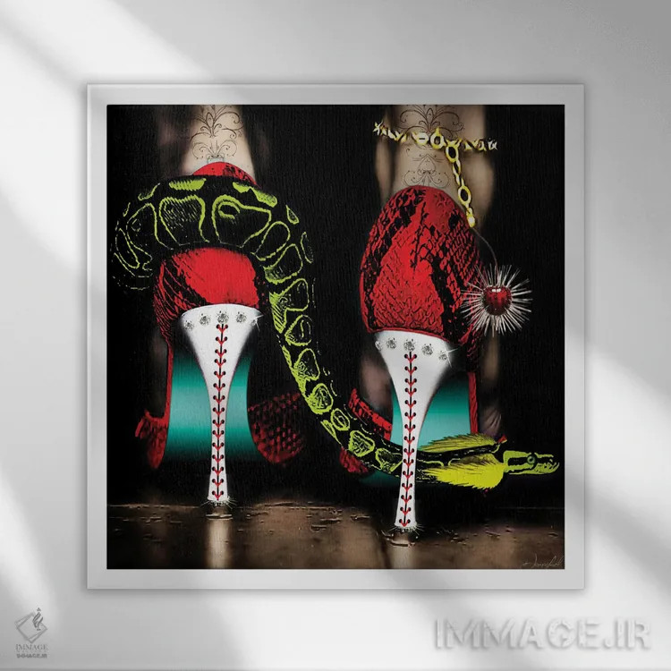 تابلو دکوراتیو کفش پاشنه بلند قرمز اثر یان رافائل - نمای قابدار سفید