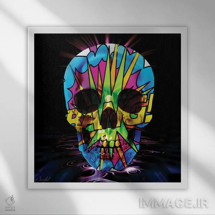 تابلو دکوراتیو جمجمه انفجاری اثر یان رافائل - نمای قابدار سفید