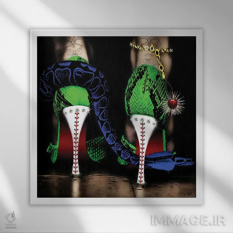 تابلو دکوراتیو کفش پاشنه بلند سبز اثر یان رافائل - نمای قابدار سفید