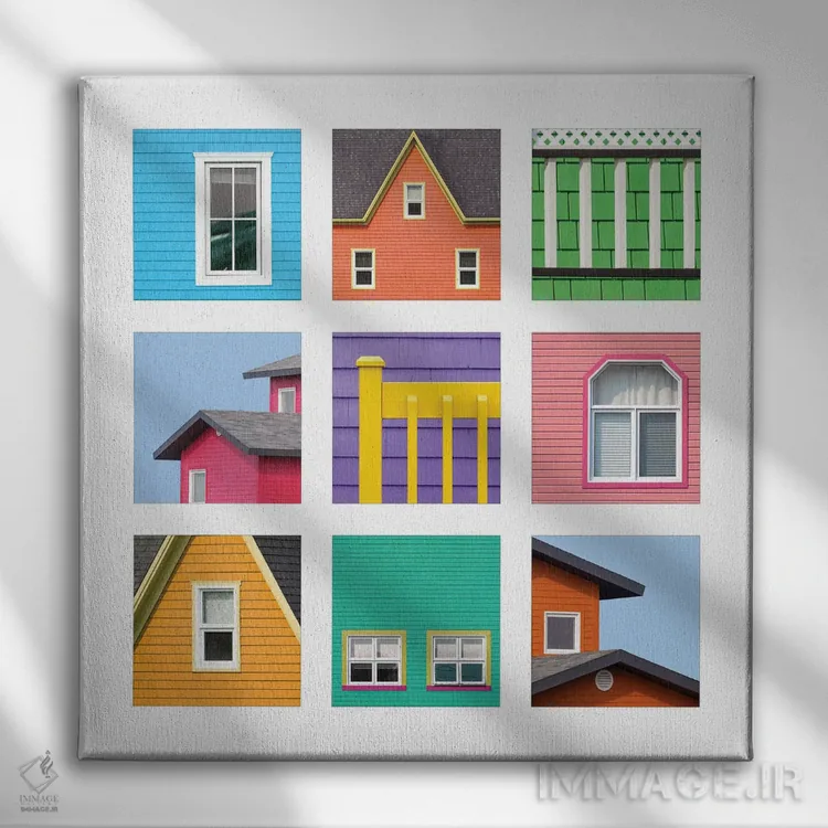 تابلو دکوراتیو Canada,کلاژ خانه های رنگارنگ جزایر مگدالن، کانادا اثر جین ریکس - نمای روبهرو روی دیوار