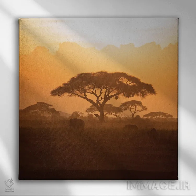 تابلو دکوراتیو فیل مادر و بچه در آمبوسلی هنگام غروب اثر جین ریکس - نمای روبهرو روی دیوار