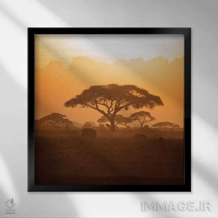 تابلو دکوراتیو فیل مادر و بچه در آمبوسلی هنگام غروب اثر جین ریکس - نمای قابدار مشکی