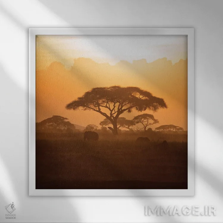 تابلو دکوراتیو فیل مادر و بچه در آمبوسلی هنگام غروب اثر جین ریکس - نمای قابدار سفید