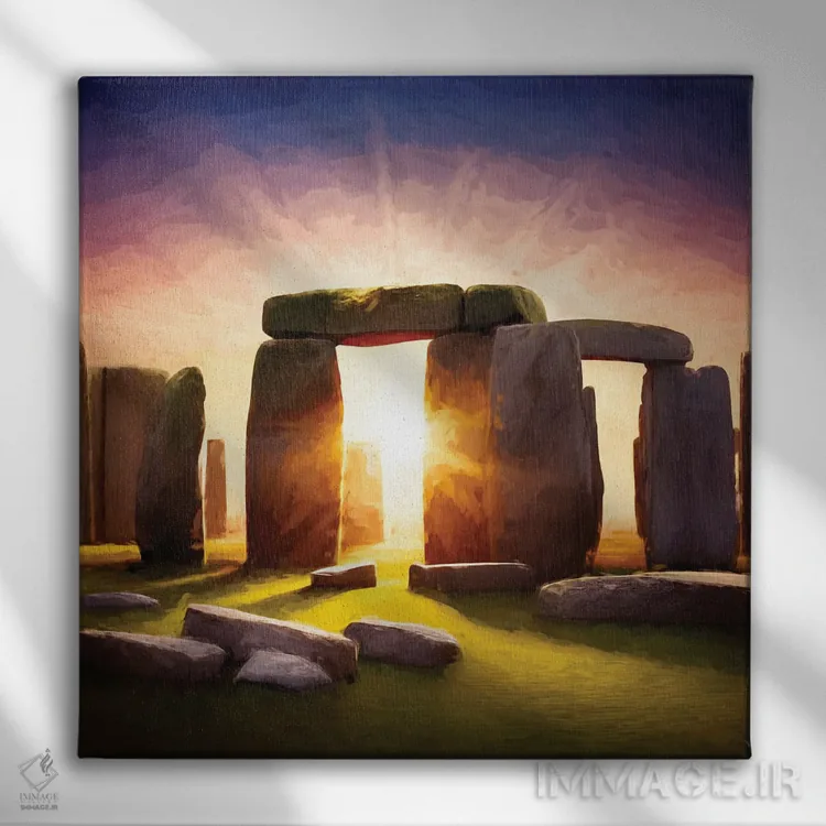 تابلو دکوراتیو نقاشی دیجیتال استون هنج در انقلاب آفتاب اثر جین ریکس - نمای روبهرو روی دیوار