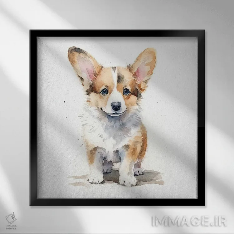 تابلو دکوراتیو توله ولش کورگی اثر جین ریکس - نمای قابدار مشکی