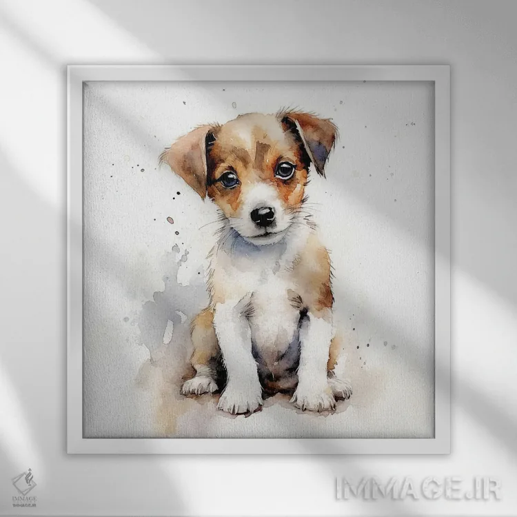 تابلو دکوراتیو توله جک راسل تریر اثر جین ریکس - نمای قابدار سفید