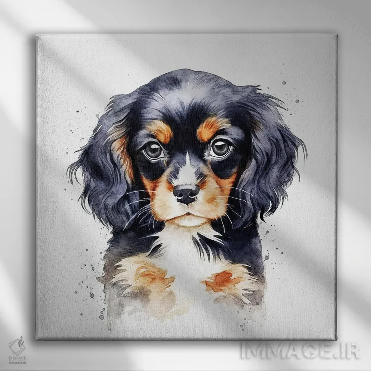 تابلو دکوراتیو توله اسپانیل کینگ چارلز اثر جین ریکس - نمای روبهرو روی دیوار