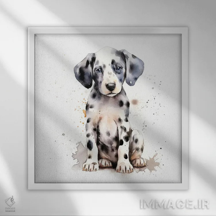 تابلو دکوراتیو توله دالماتین اثر جین ریکس - نمای قابدار سفید