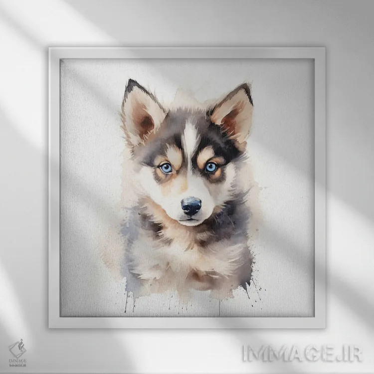 تابلو دکوراتیو توله هاسکی اثر جین ریکس - نمای قابدار سفید