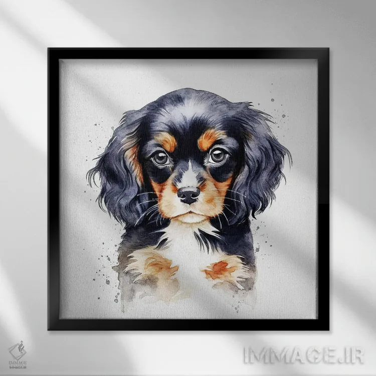 تابلو دکوراتیو توله اسپانیل کینگ چارلز اثر جین ریکس - نمای قابدار مشکی