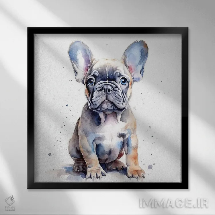 تابلو دکوراتیو توله بولداگ فرانسوی اثر جین ریکس - نمای قابدار مشکی