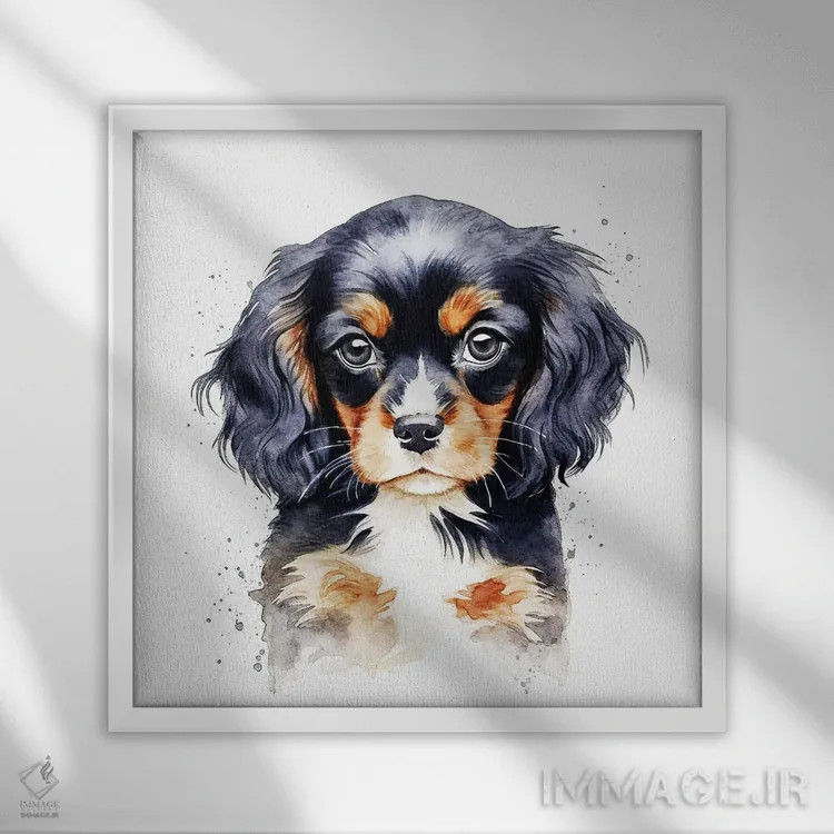 تابلو دکوراتیو توله اسپانیل کینگ چارلز اثر جین ریکس - نمای قابدار سفید