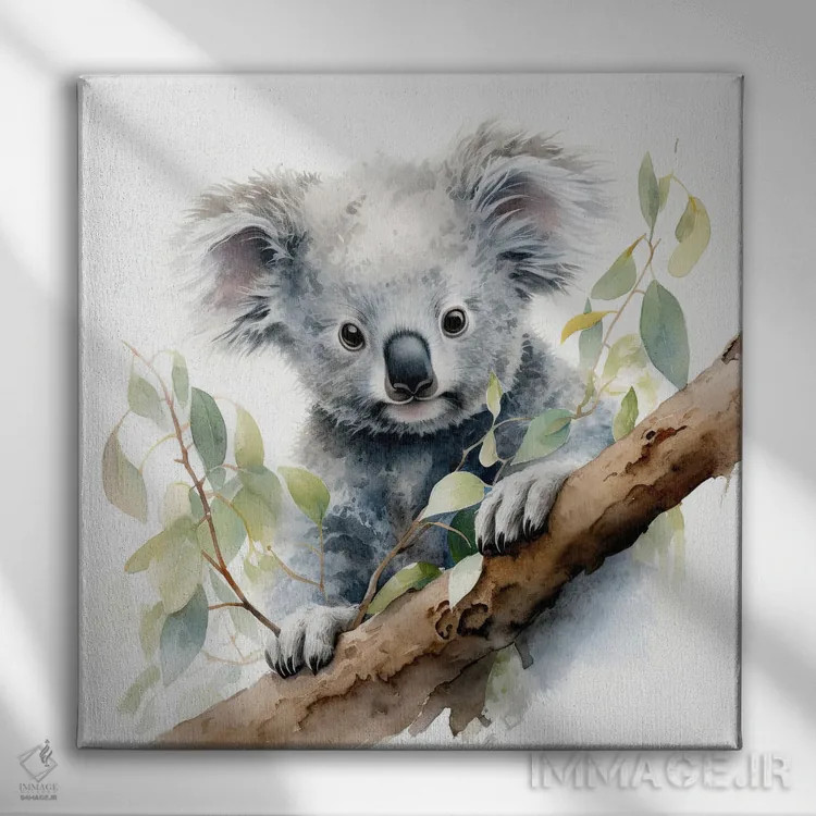 تابلو دکوراتیو کوالا روی درخت با آبرنگ اثر جین ریکس - نمای روبهرو روی دیوار