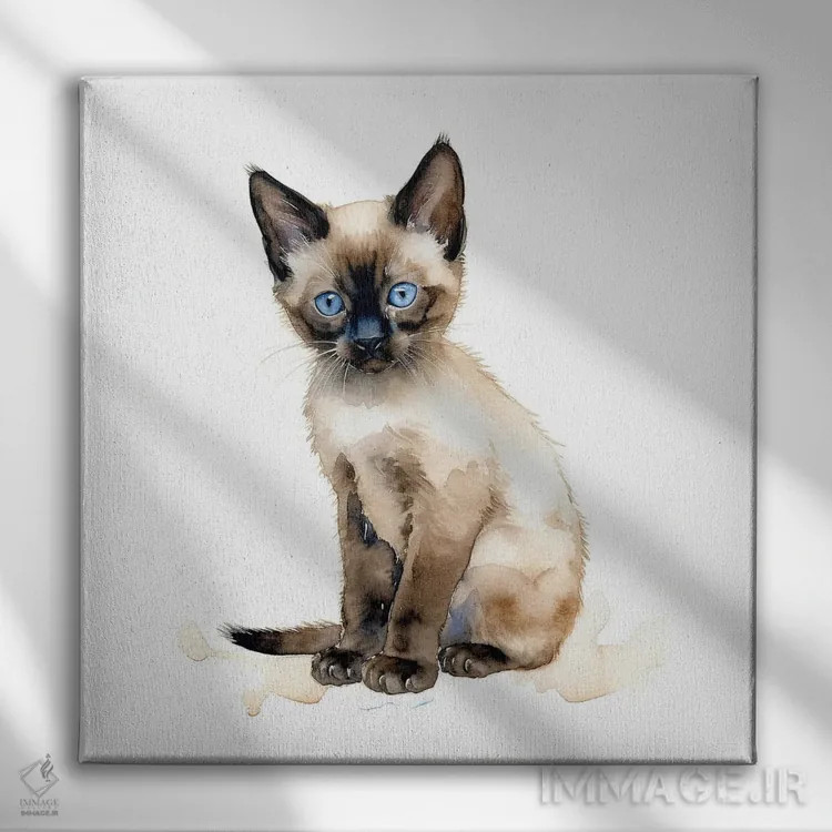تابلو دکوراتیو بچه گربه سیامی شکلاتی اثر جین ریکس - نمای روبهرو روی دیوار