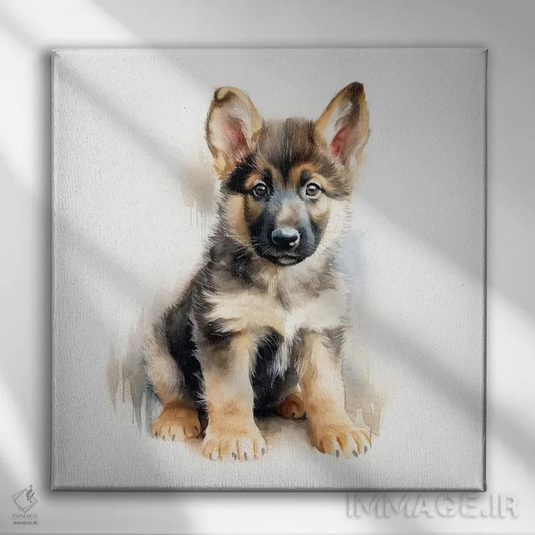 تابلو دکوراتیو سگ ژرمن شپرد با آبرنگ اثر جین ریکس - نمای روبهرو روی دیوار