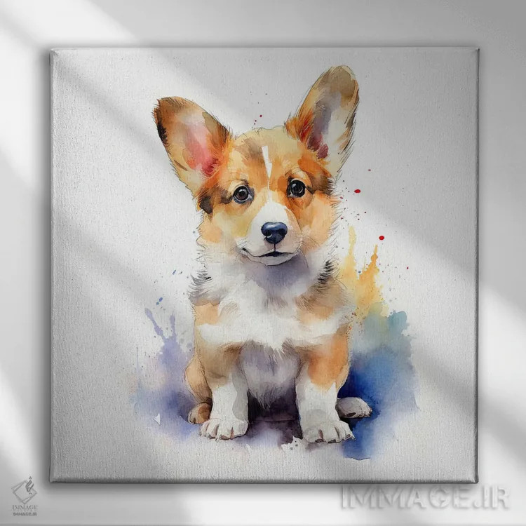 تابلو دکوراتیو توله ولش کورگی با آبرنگ اثر جین ریکس - نمای روبهرو روی دیوار