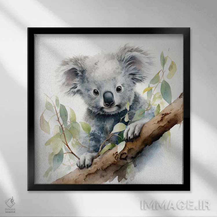 تابلو دکوراتیو کوالا روی درخت با آبرنگ اثر جین ریکس - نمای قابدار مشکی