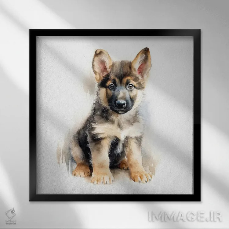 تابلو دکوراتیو سگ ژرمن شپرد با آبرنگ اثر جین ریکس - نمای قابدار مشکی