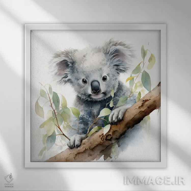 تابلو دکوراتیو کوالا روی درخت با آبرنگ اثر جین ریکس - نمای قابدار سفید