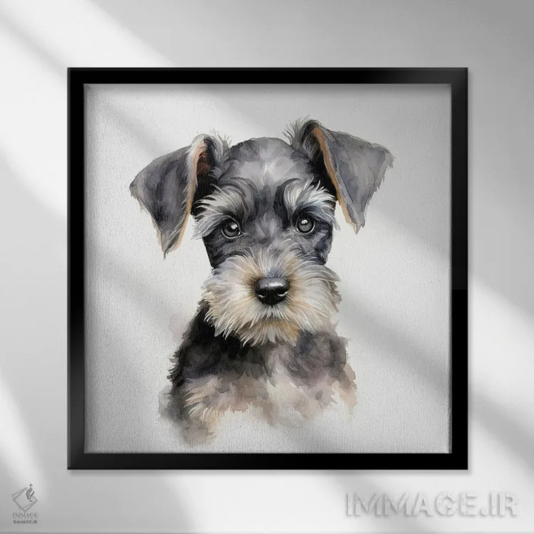 تابلو دکوراتیو توله اشناوزر مینیاتوری با آبرنگ اثر جین ریکس - نمای قابدار مشکی