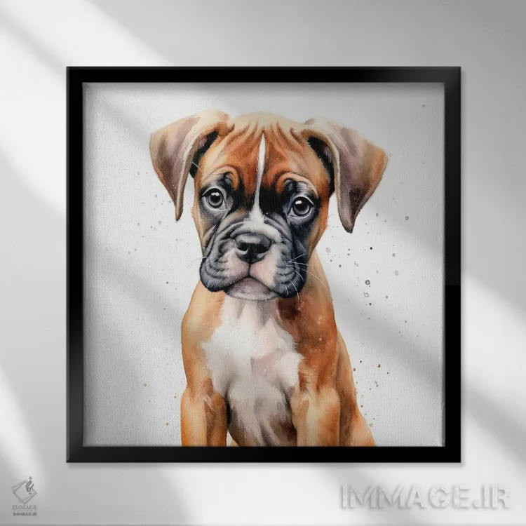 تابلو دکوراتیو پرتره توله باکسر اثر جین ریکس - نمای قابدار مشکی