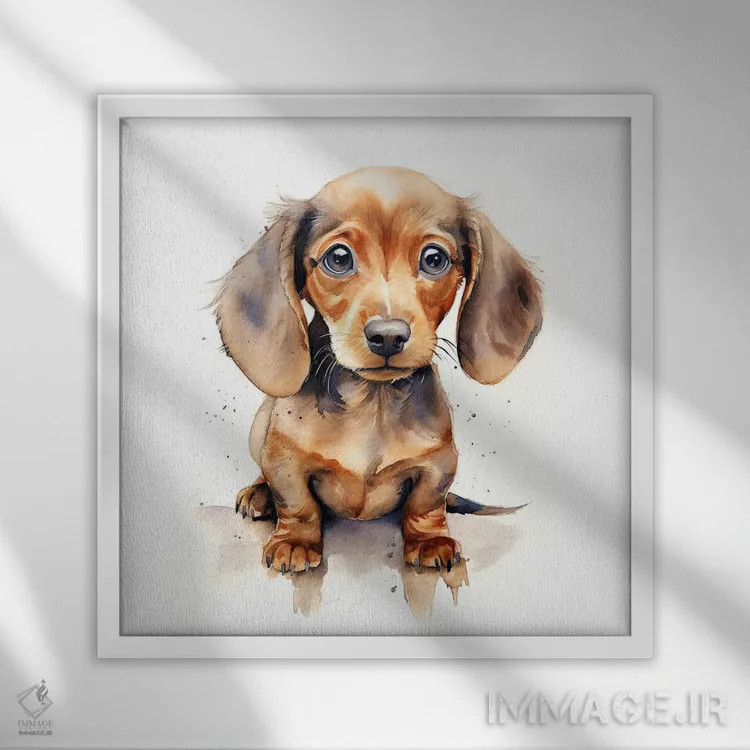 تابلو دکوراتیو توله داشهوند قهوه ای روشن اثر جین ریکس - نمای قابدار سفید