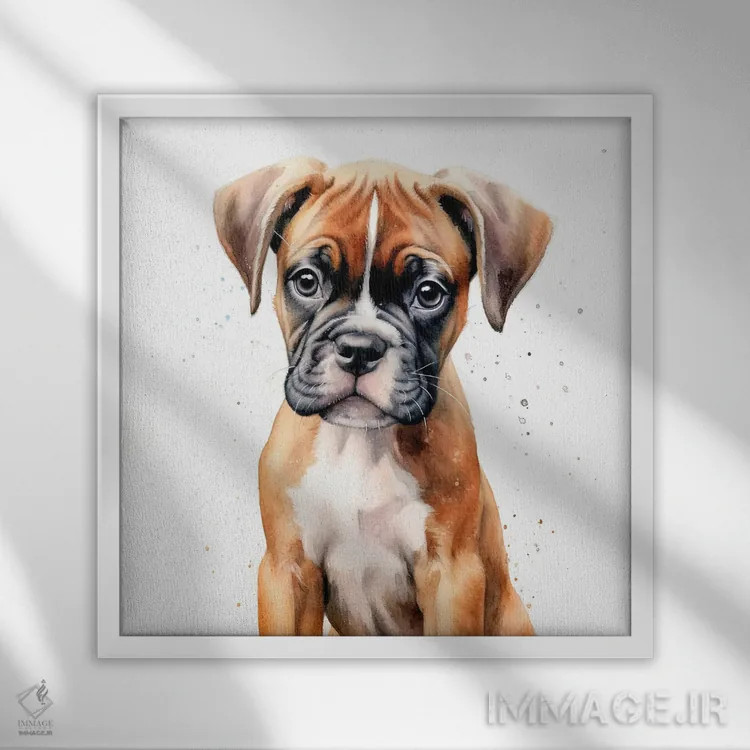 تابلو دکوراتیو پرتره توله باکسر اثر جین ریکس - نمای قابدار سفید