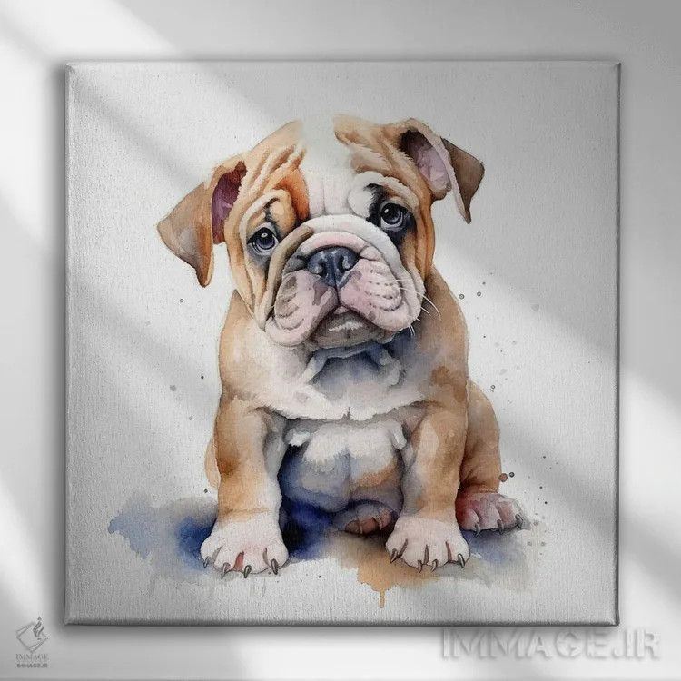 تابلو دکوراتیو توله بولداگ با آبرنگ اثر جین ریکس - نمای روبهرو روی دیوار