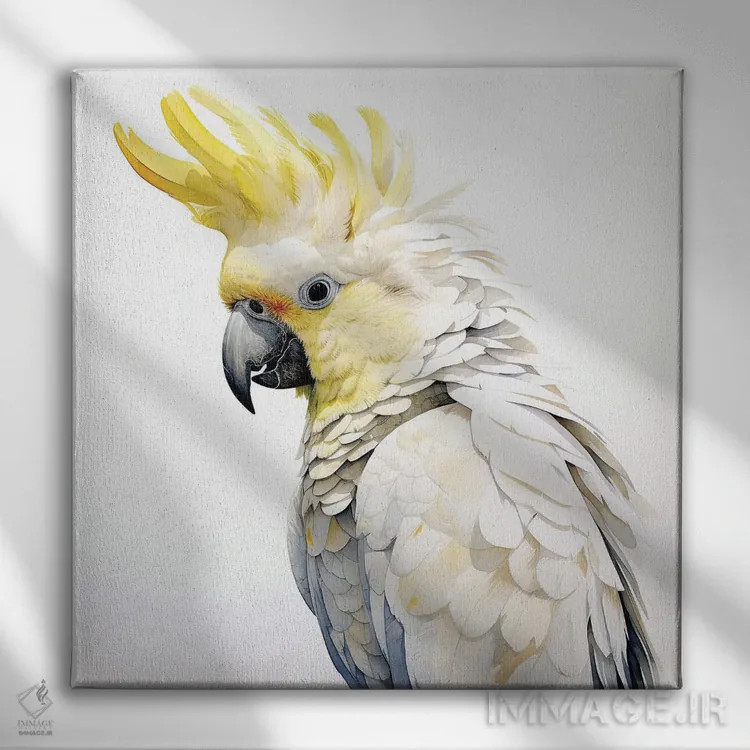 تابلو دکوراتیو کاکاتوی تاج زرد گوگردی با آبرنگ اثر جین ریکس - نمای روبهرو روی دیوار