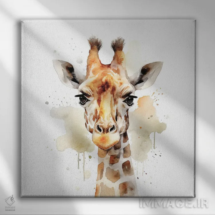تابلو دکوراتیو صورت زرافه با آبرنگ اثر جین ریکس - نمای روبهرو روی دیوار