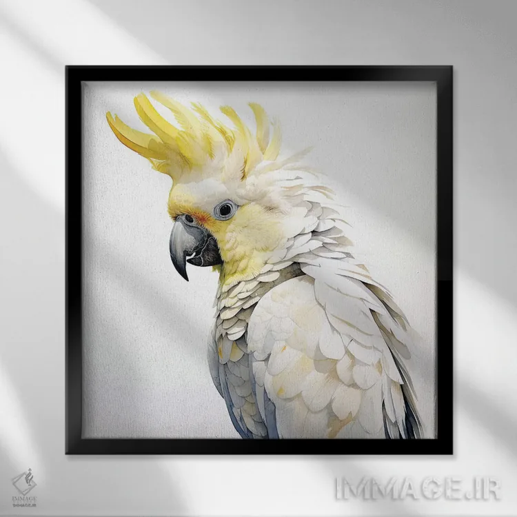 تابلو دکوراتیو کاکاتوی تاج زرد گوگردی با آبرنگ اثر جین ریکس - نمای قابدار مشکی