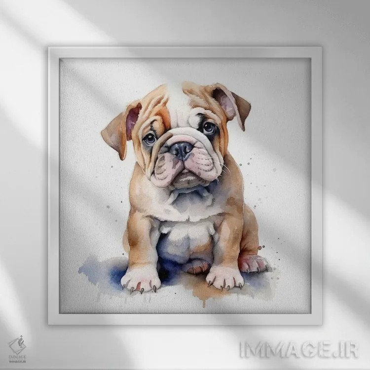 تابلو دکوراتیو توله بولداگ با آبرنگ اثر جین ریکس - نمای قابدار سفید