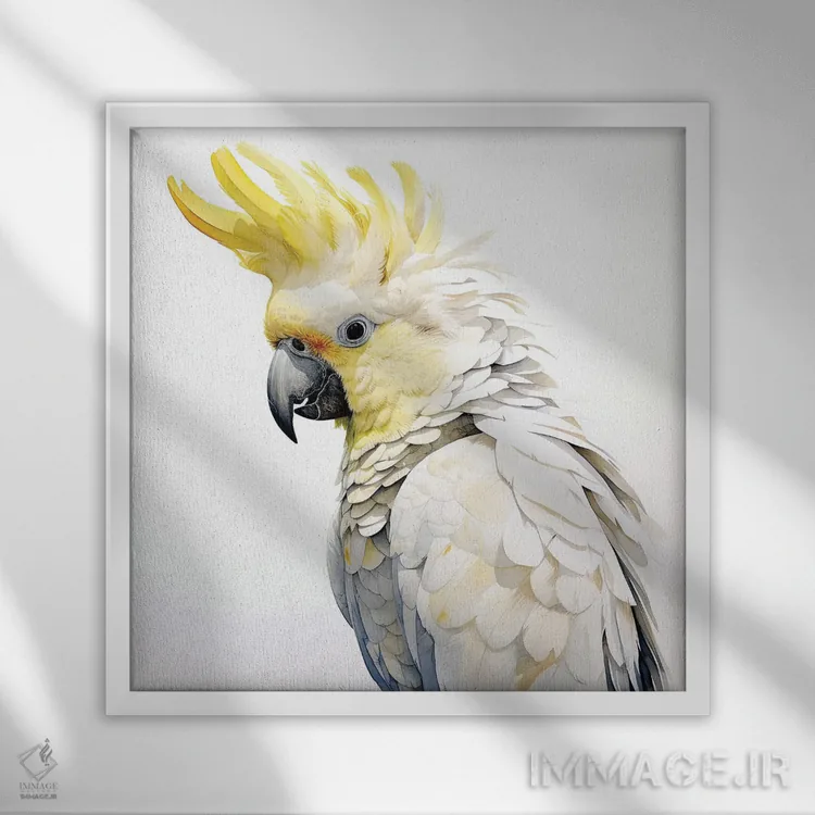 تابلو دکوراتیو کاکاتوی تاج زرد گوگردی با آبرنگ اثر جین ریکس - نمای قابدار سفید