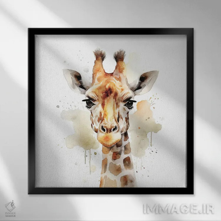 تابلو دکوراتیو صورت زرافه با آبرنگ اثر جین ریکس - نمای قابدار مشکی