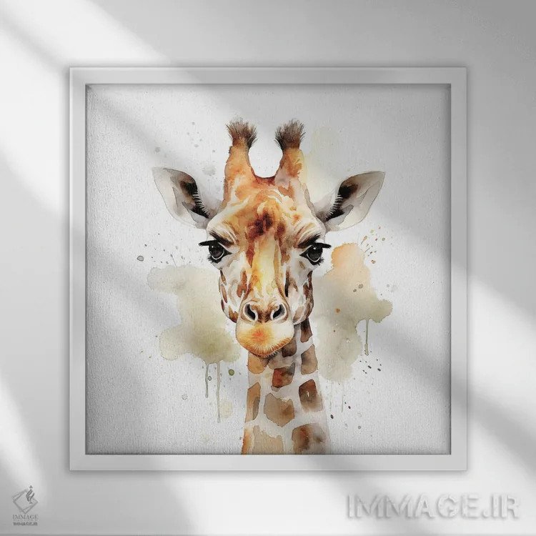 تابلو دکوراتیو صورت زرافه با آبرنگ اثر جین ریکس - نمای قابدار سفید