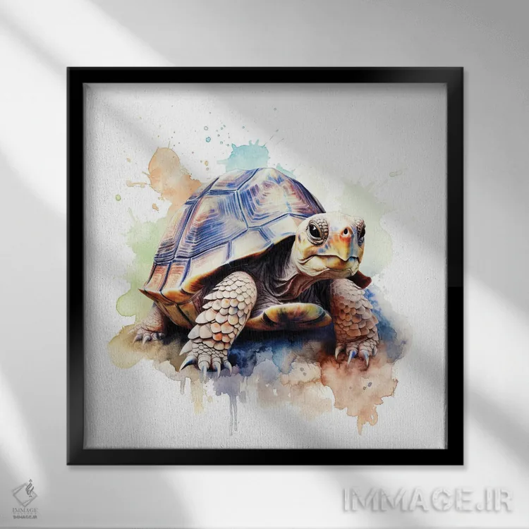 تابلو دکوراتیو لاک پشت با آبرنگ اثر جین ریکس - نمای قابدار مشکی