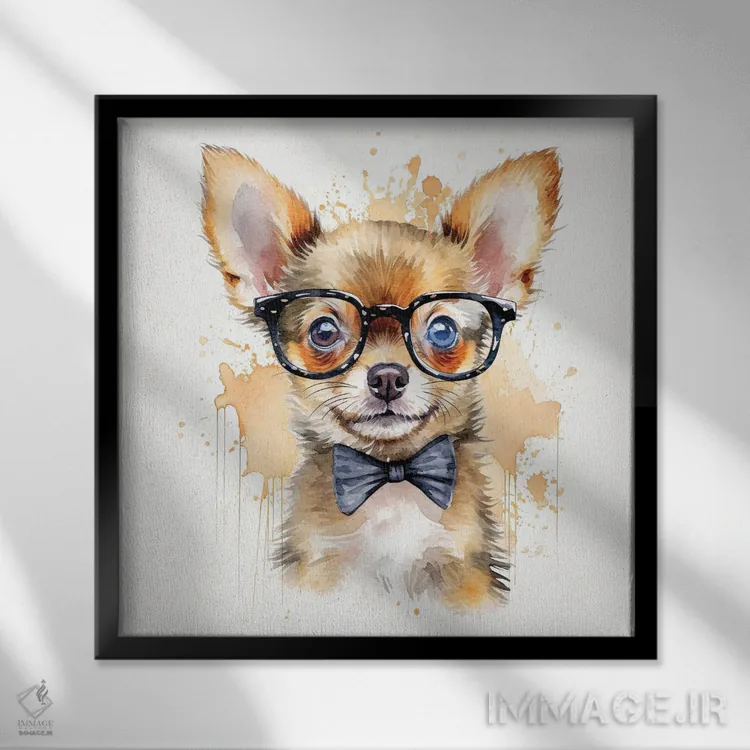 تابلو دکوراتیو چی واوا با عینک و پاپیون اثر جین ریکس - نمای قابدار مشکی