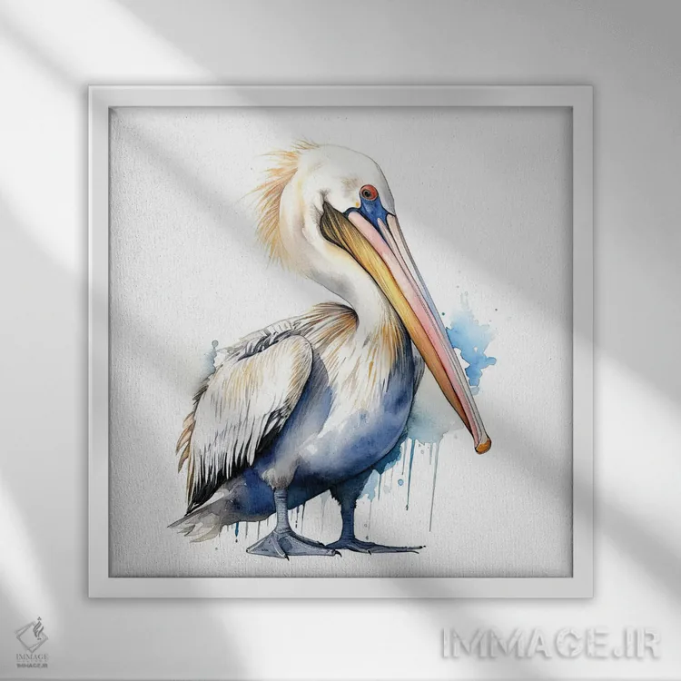 تابلو دکوراتیو پلیکان با آبرنگ اثر جین ریکس - نمای قابدار سفید