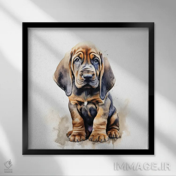 تابلو دکوراتیو سگ تازی خونی با آبرنگ اثر جین ریکس - نمای قابدار مشکی