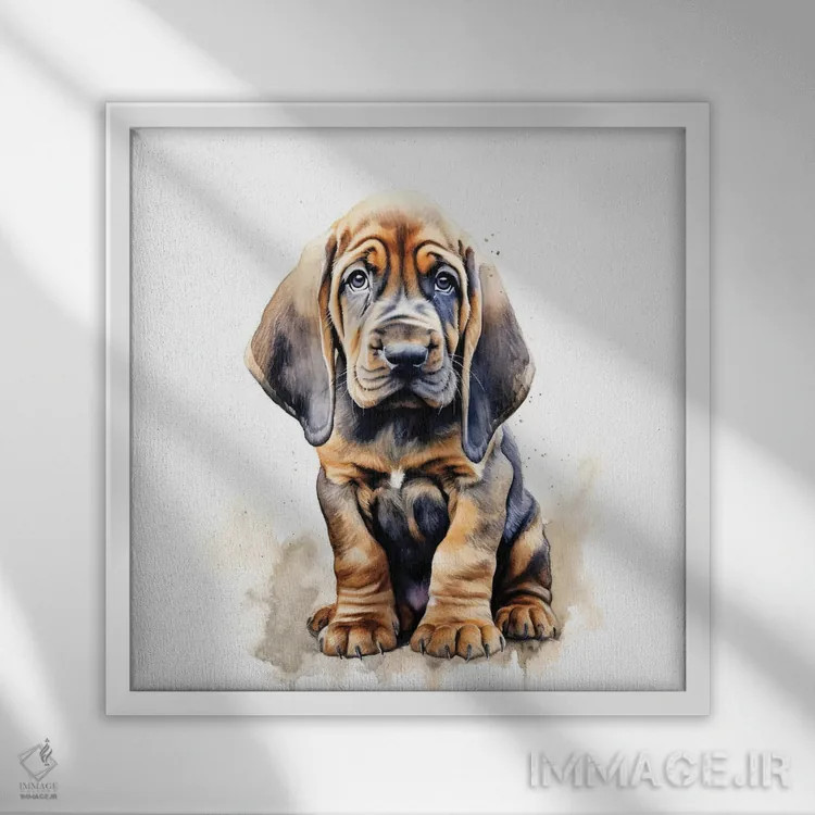 تابلو دکوراتیو سگ تازی خونی با آبرنگ اثر جین ریکس - نمای قابدار سفید