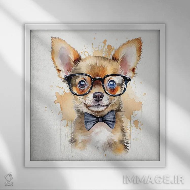 تابلو دکوراتیو چی واوا با عینک و پاپیون اثر جین ریکس - نمای قابدار سفید