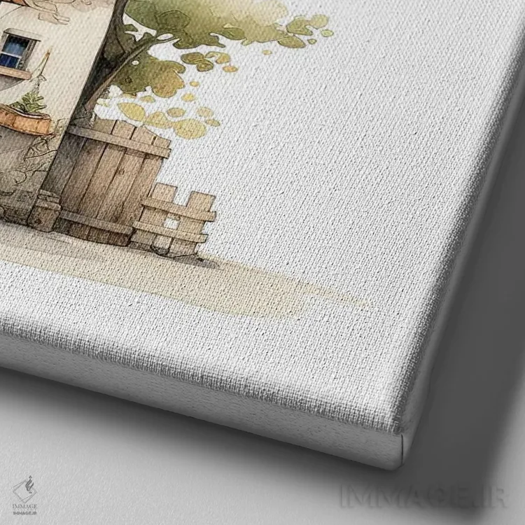 تابلو دکوراتیو کلبه با آبرنگ اثر جین ریکس - نمای نزدیک بافت بوم