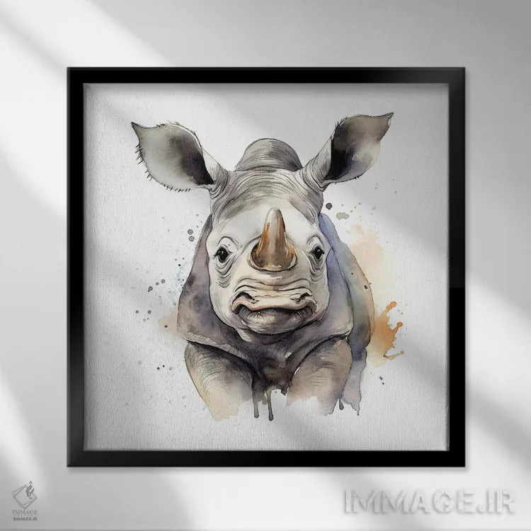 تابلو دکوراتیو کرگدن سفید با آبرنگ اثر جین ریکس - نمای قابدار مشکی