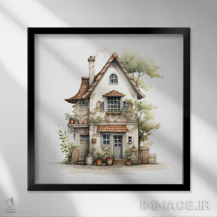 تابلو دکوراتیو کلبه با آبرنگ اثر جین ریکس - نمای قابدار مشکی