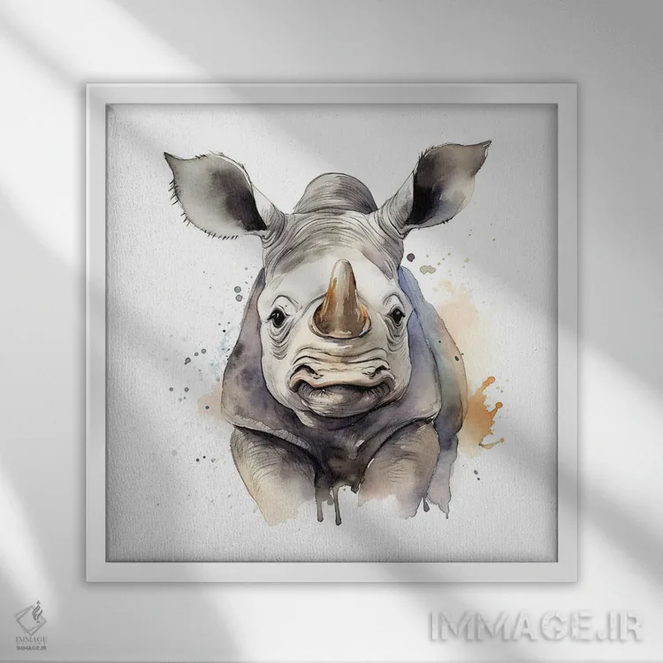 تابلو دکوراتیو کرگدن سفید با آبرنگ اثر جین ریکس - نمای قابدار سفید