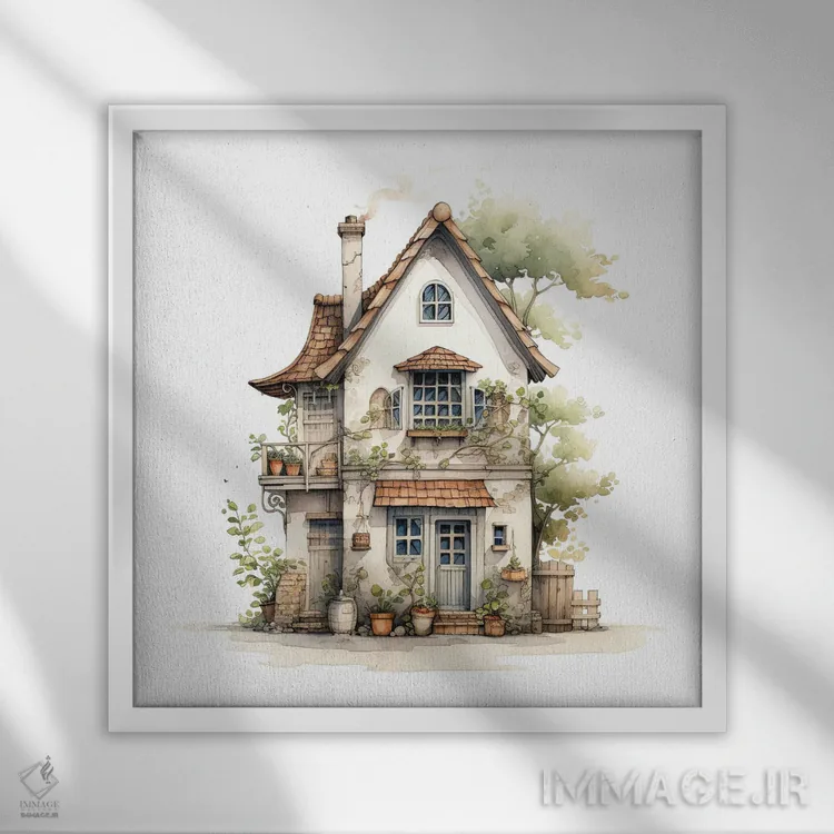 تابلو دکوراتیو کلبه با آبرنگ اثر جین ریکس - نمای قابدار سفید