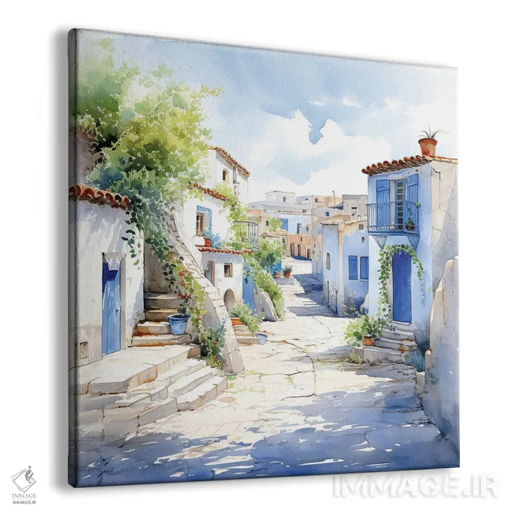 تابلو دکوراتیو خانه های جزایر یونان با آبرنگ اثر جین ریکس - نمای پرسپکتیو محصول