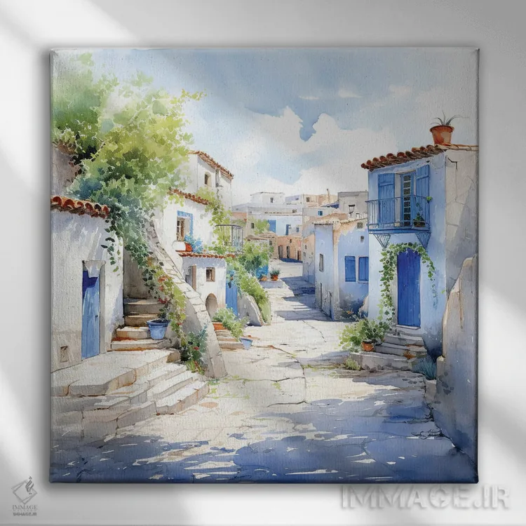 تابلو دکوراتیو خانه های جزایر یونان با آبرنگ اثر جین ریکس - نمای روبهرو روی دیوار